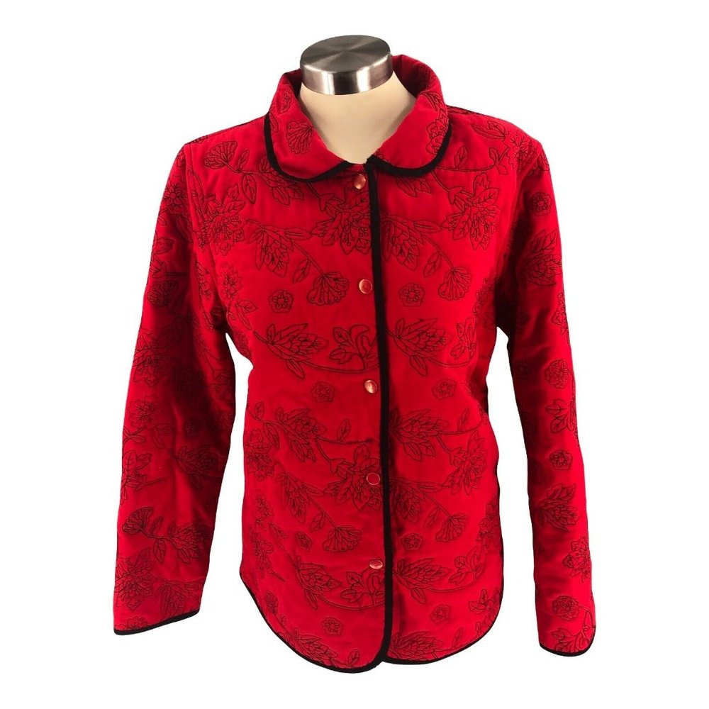Analogy Womens Jacket Medium Red Shirt Snap Button Embroidered Long Sleeve Adult